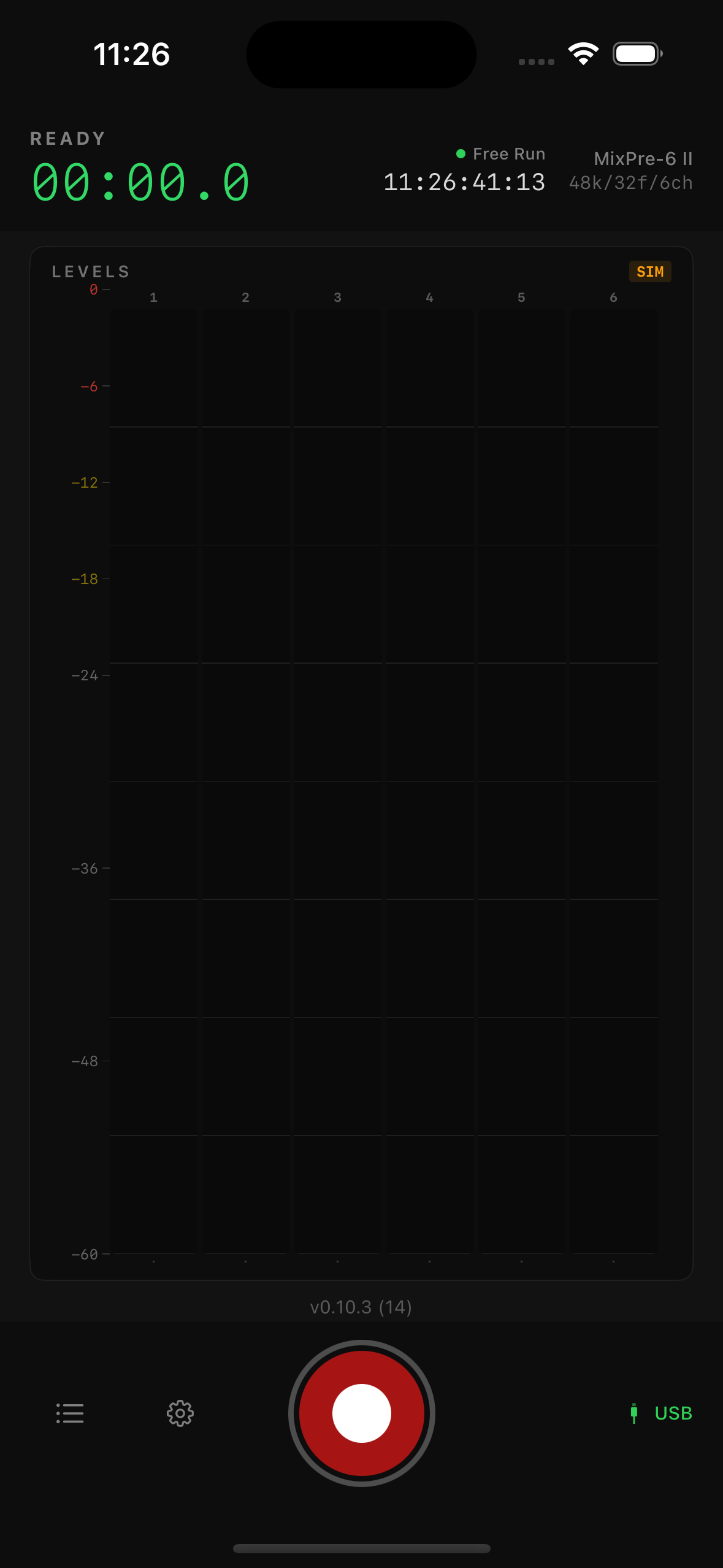 Main screen with level meters