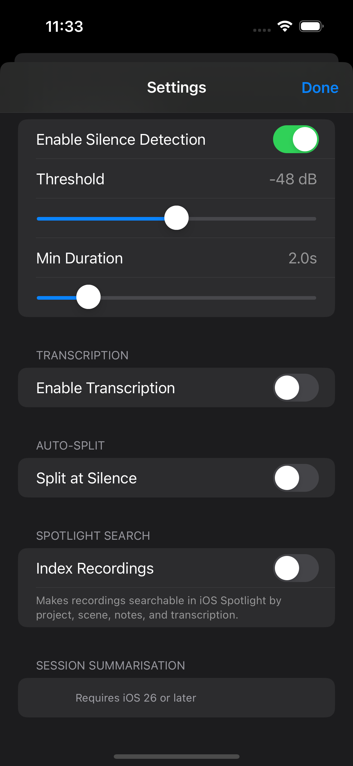 Settings screen lower section