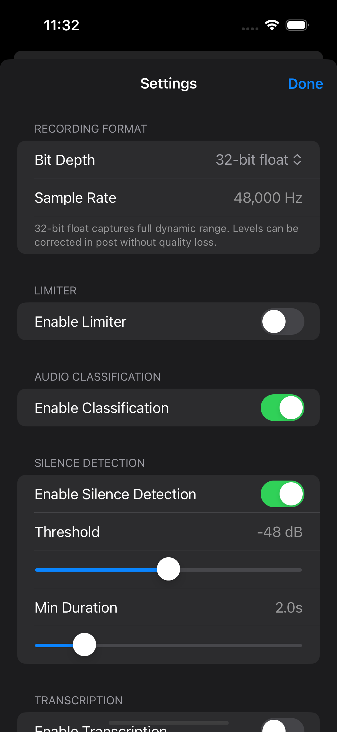 Settings screen