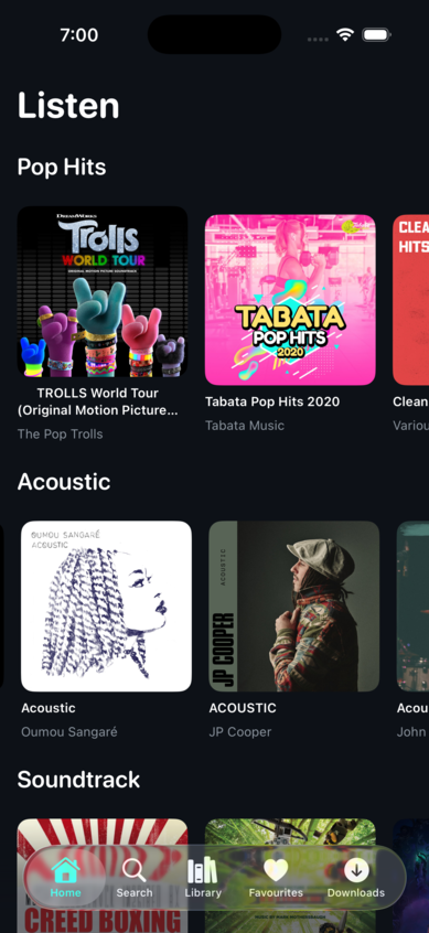 Home tab with album carousels