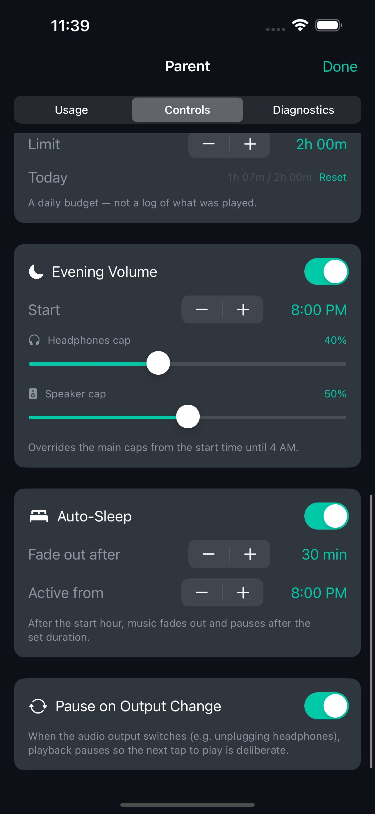 Evening volume and auto-sleep controls