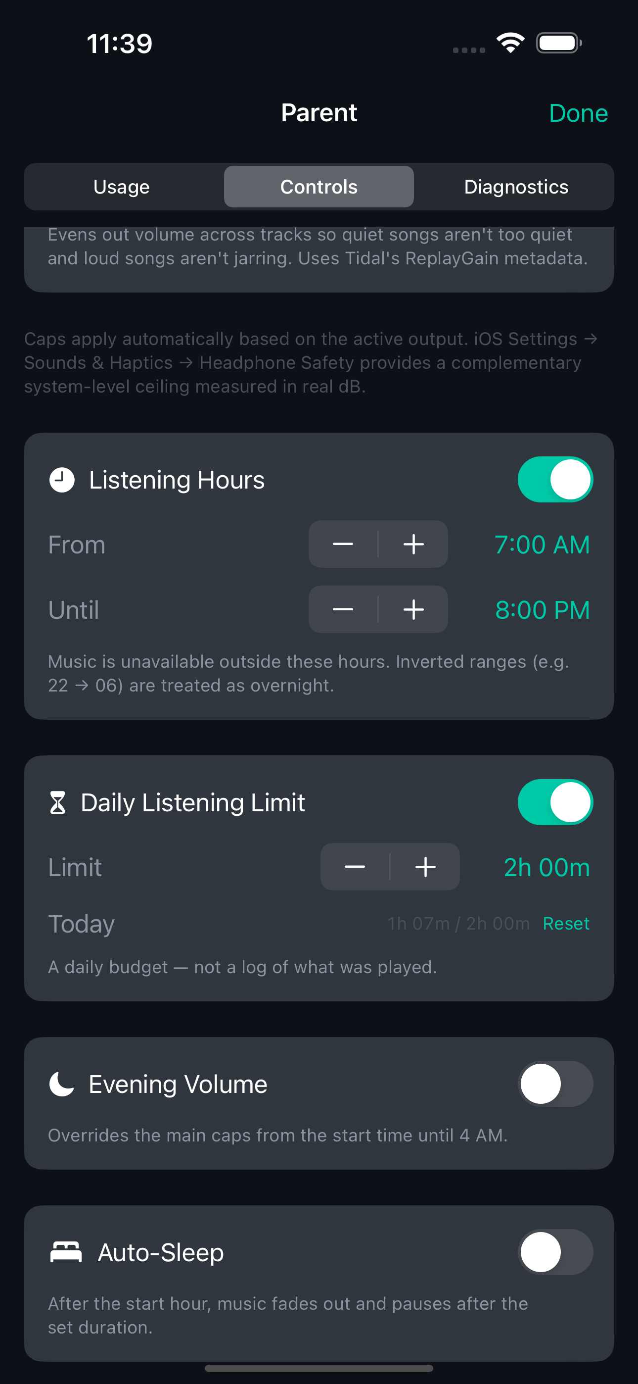 Listening hours and daily limits